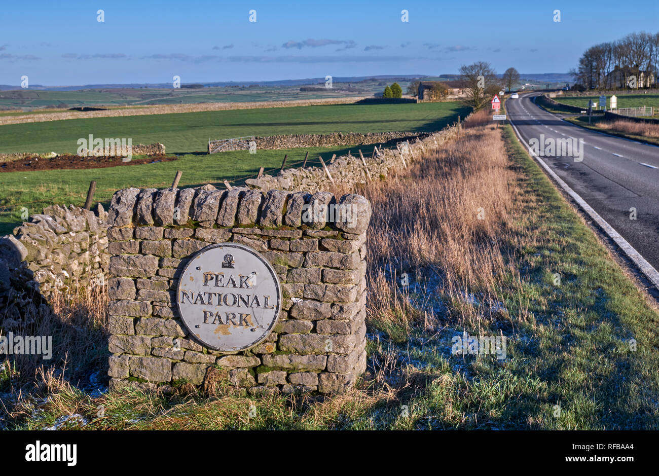 Sign for the Peak District National Park on the A515 at Pomeroy. Derbyshire, England. Stock Photo