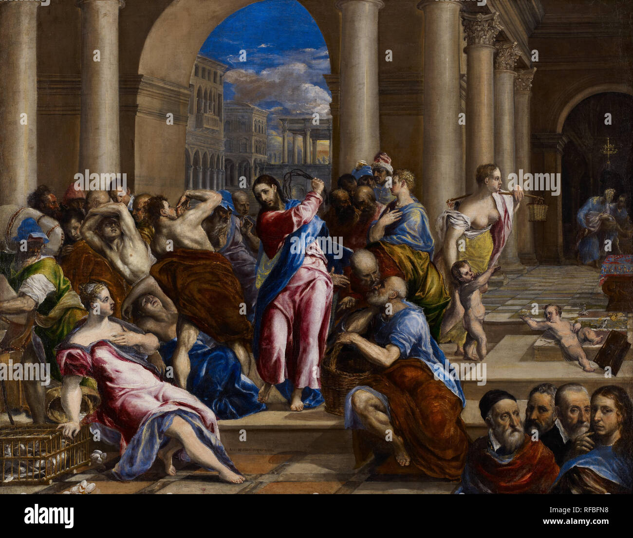 Christ driving the money-changers from the Temple. Date/Period: Ca. 1570. Painting. Oil on canvas. Height: 116.8 cm (46 in); Width: 149.8 cm (59 in). Author: GRECO, EL. Stock Photo