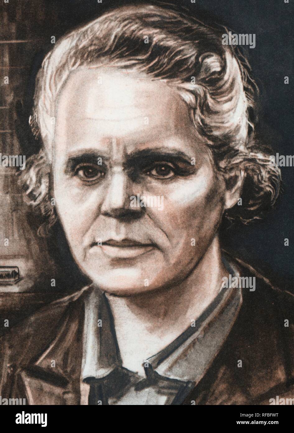 Marie Curie, conocida también como Maria Sklodowska-Curie (1867–1934) fue una química y física polaca, posteriormente nacionalizada francesa. Pionera en el campo de la radiactividad, fue la primera persona en recibir dos premios Nobel y la primera mujer en ser profesora en la Universidad de París. Stock Photo