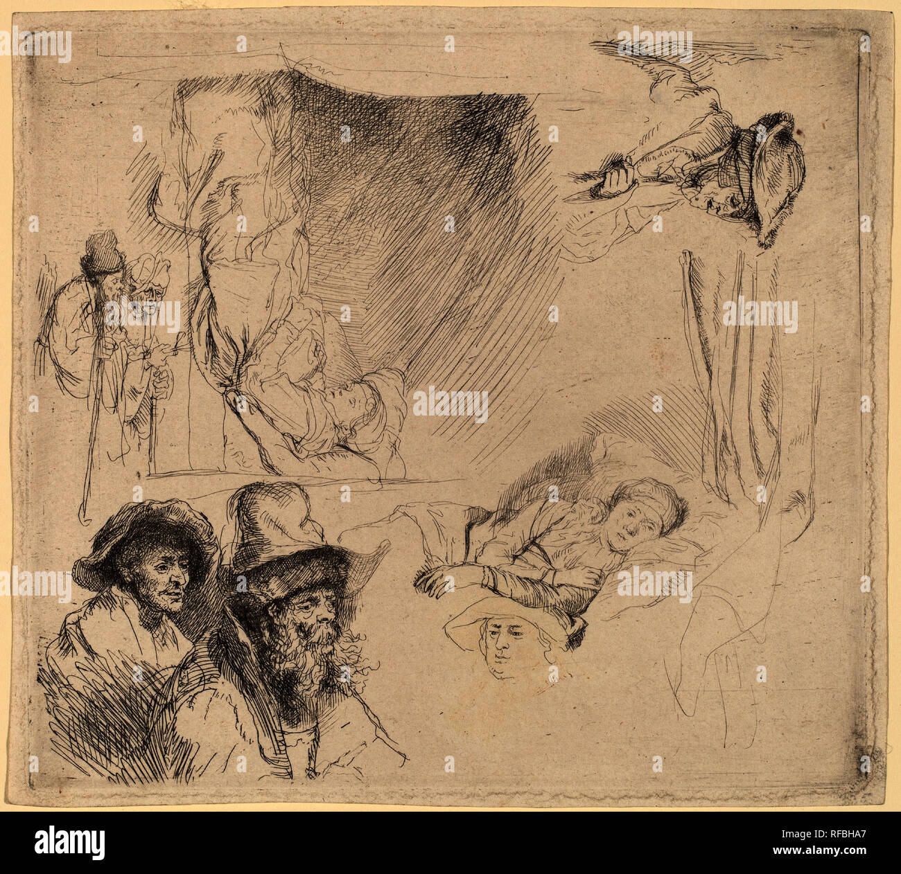 Sheet of Studies including a Woman Lying Ill in Bed. Dated: c. 1641/1642. Dimensions: plate: 15.4 x 14 cm (6 1/16 x 5 1/2 in.). Medium: etching. Museum: National Gallery of Art, Washington DC. Author: REMBRANDT, HARMENSZOON VAN RIJN. Rembrandt (Rembrandt van Rijn). REMBRANDT HARMENSZOON VAN RIJN. Stock Photo