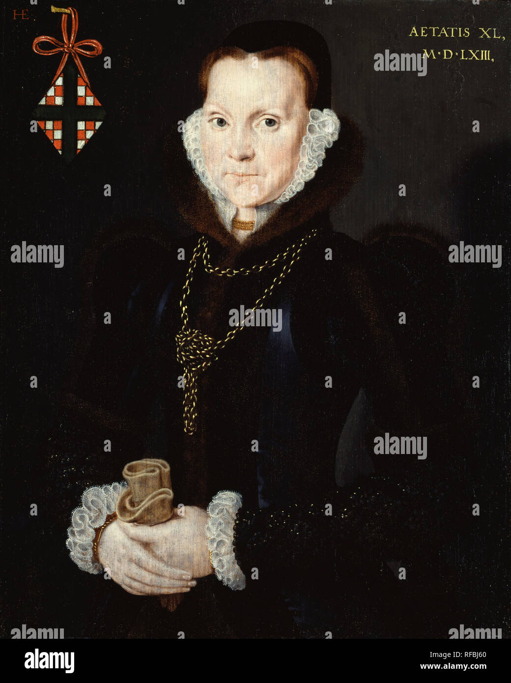 Portrait of Elizabeth Roydon, Lady Golding. Date/Period: 1563. Painting. Oil on panel. Height: 378 mm (14.88 in); Width: 302 mm (11.88 in). Author: Hans Eworth. Stock Photo