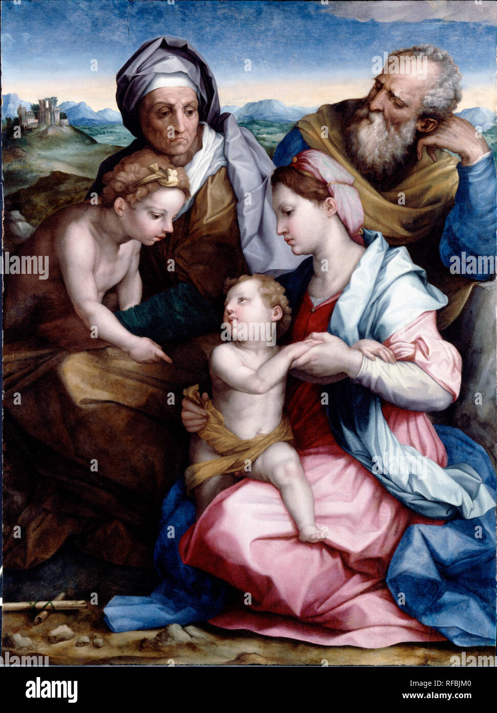Holy Family. Date/Period: 16th century. Oil on panel. Height: 144.8 cm (57 in); Width: 107.7 cm (42.4 in). Author: ANDREA DEL SARTO. Giorgio Vasari. Stock Photo