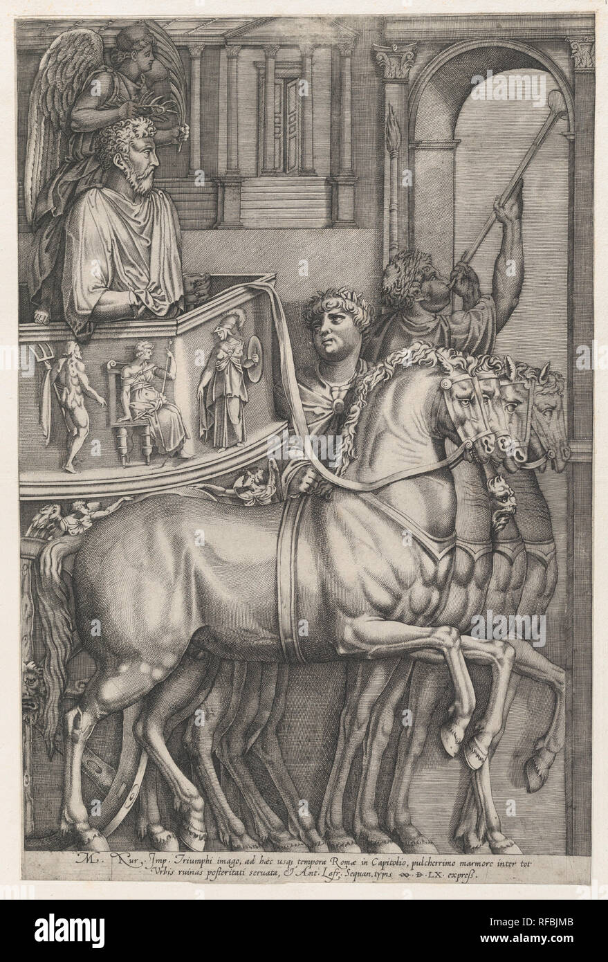 Speculum Romanae Magnificentiae: Triumph of Marcus Aurelius. Artist: Nicolas Beatrizet (French, Lunéville 1515-ca. 1566 Rome (?)). Dimensions: sheet: 16 3/4 x 11 1/8 in. (42.5 x 28.2 cm)  mount: 21 5/16 x 15 9/16 in. (54.2 x 39.5 cm). Publisher: Antonio Lafreri (French, Orgelet, Franche-Comte ca. 1512-1577 Rome); Antonio Lafreri (French, Orgelet, Franche-Comte ca. 1512-1577 Rome). Series/Portfolio: Speculum Romanae Magnificentiae. Date: 1560.  This print comes from the museum's copy of the Speculum Romanae Magnificentiae (The Mirror of Roman Magnificence) The Speculum found its origin in the p Stock Photo