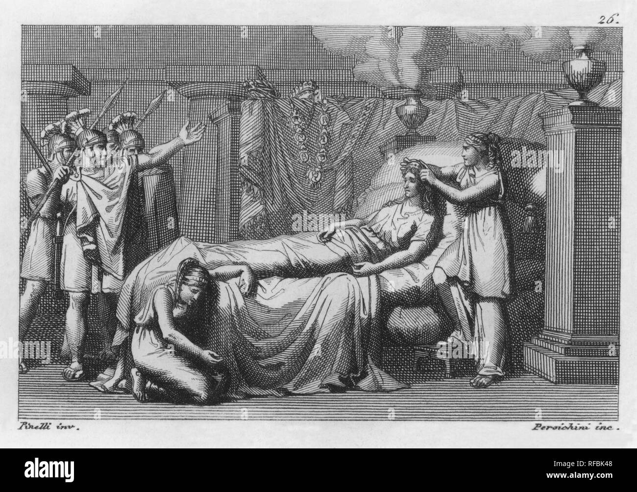 Historia antigua. Cadáver de Cleopatra (69-30 a. JC), reina de Egipto, ataviada con sus ornamentos reales. Grabado de 1836. Stock Photo