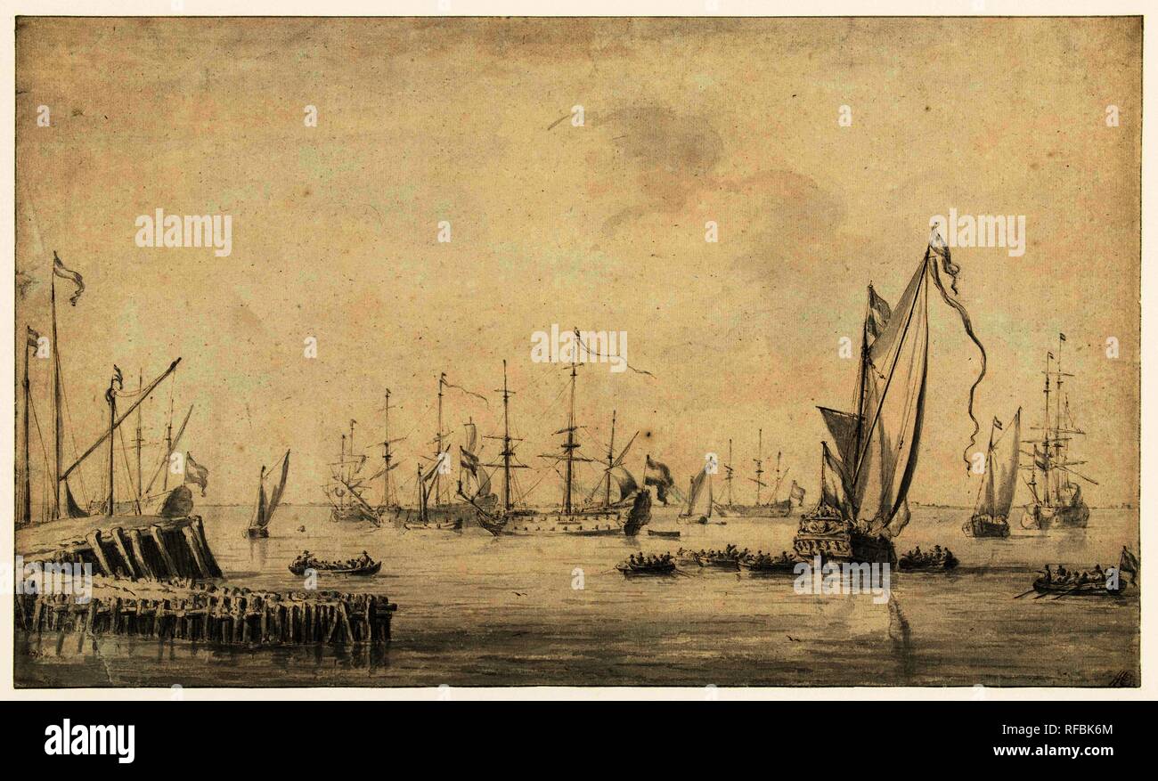 Yacht with a fleet. Draughtsman: Willem van de Velde (I). Dating: 1622 - 1693. Measurements: h 255 mm × w 428 mm. Museum: Rijksmuseum, Amsterdam. Stock Photo