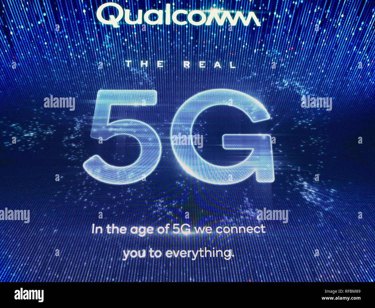 exhibit booth promoting 5G cellular network connectivity, for