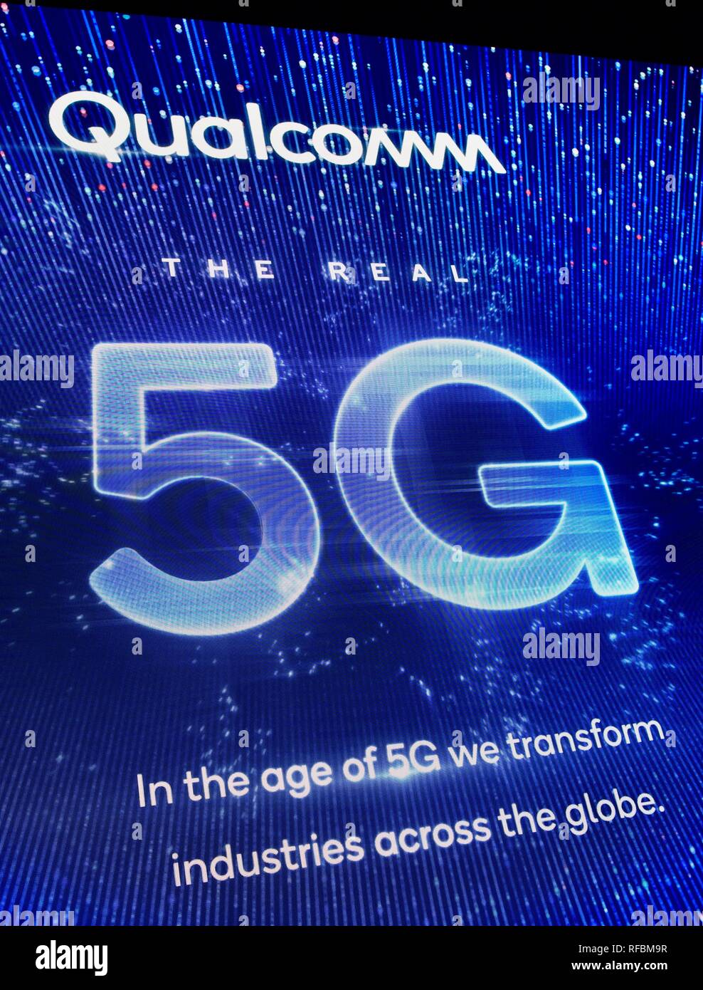 exhibit booth promoting 5G cellular network connectivity, for