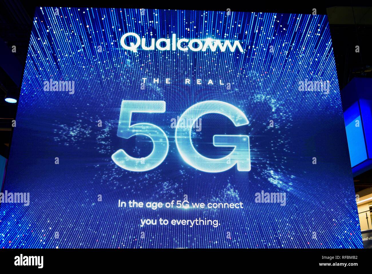 exhibit booth promoting 5G cellular network connectivity, for