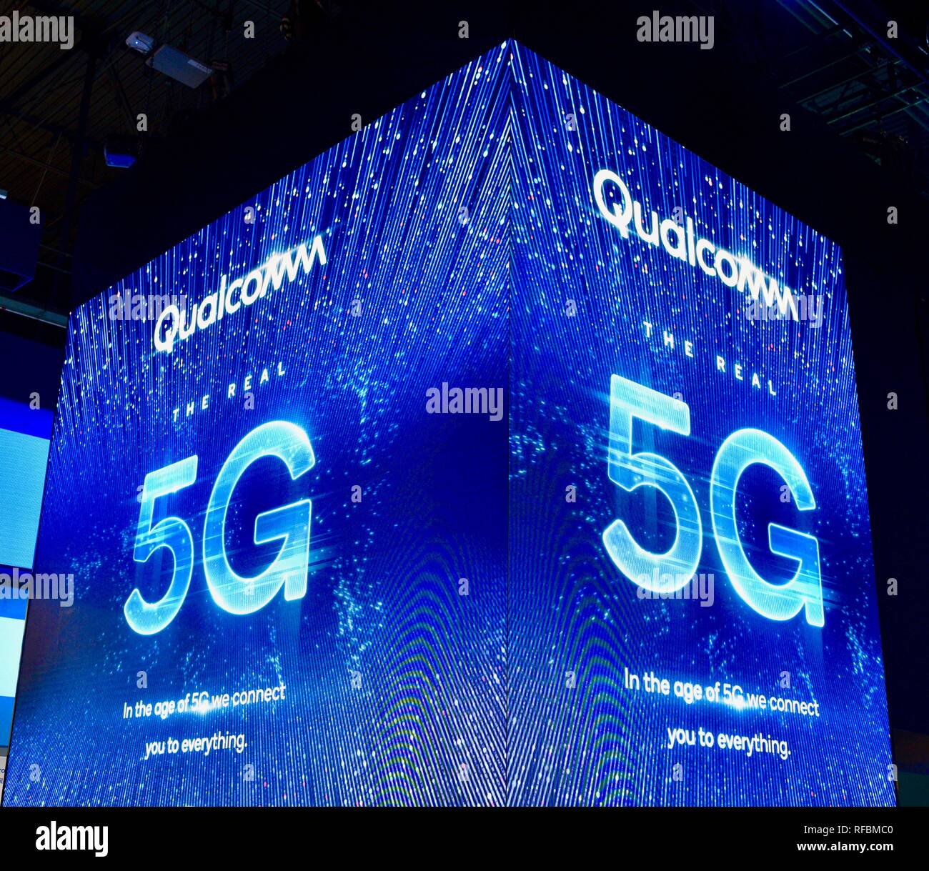 exhibit booth promoting 5G cellular network connectivity, for