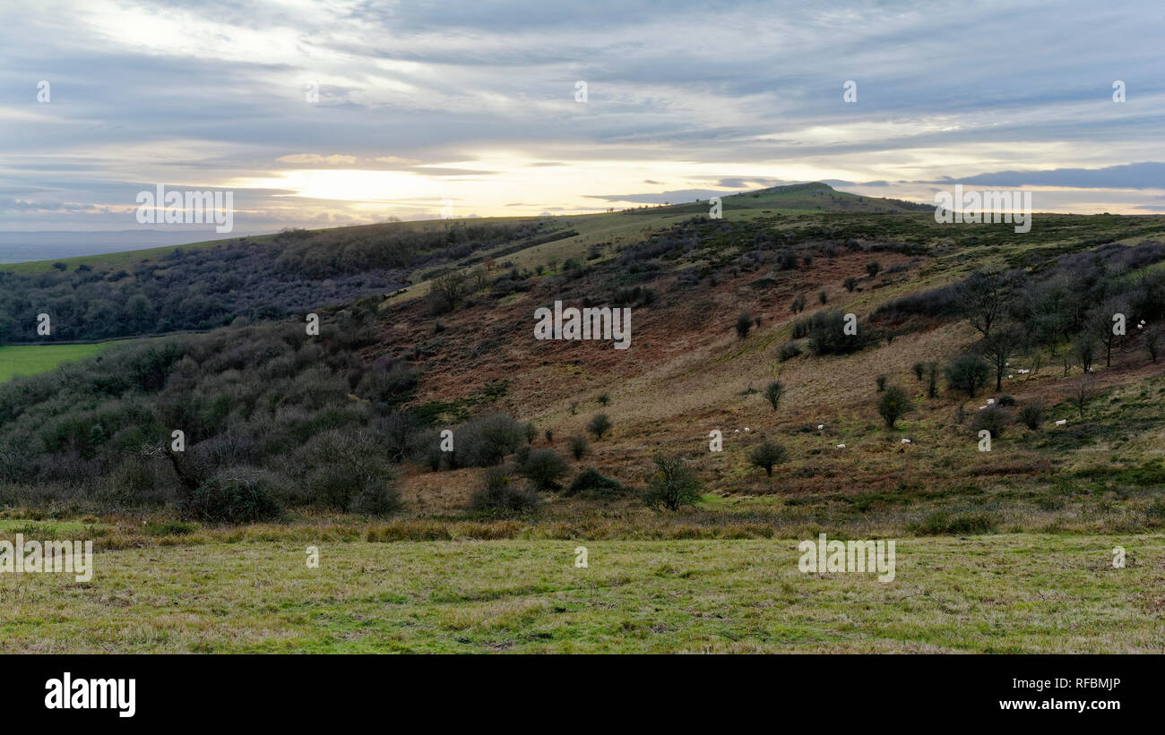 Crook Peak viewed from Wavering Down above Winscombe, North Somerset, UK Stock Photo