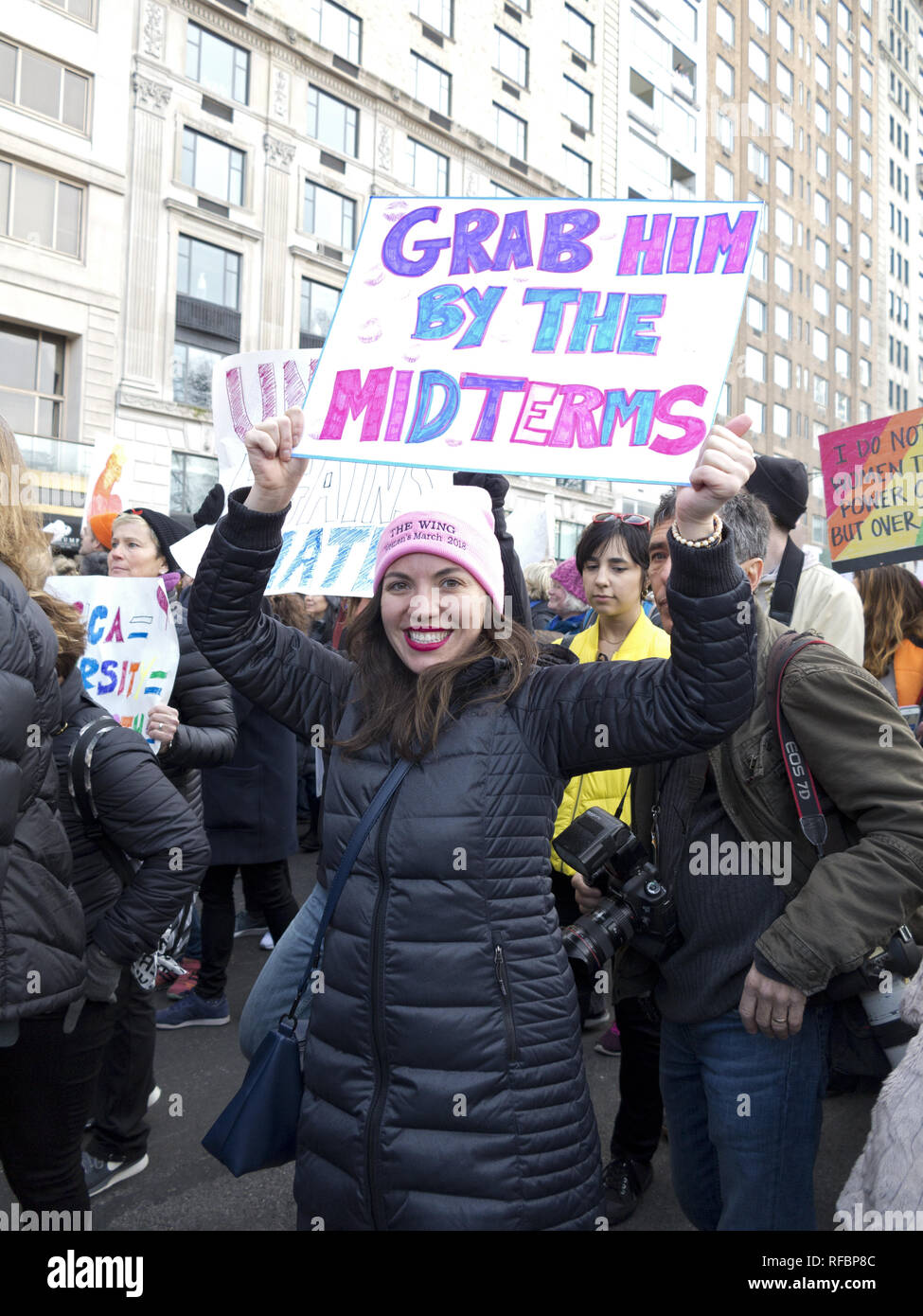 Hundreds of thousands of New Yorkers attended the Women's March in New York City on the one year anniversary of Donald Trump's innauguration, Jan.20,  Stock Photo