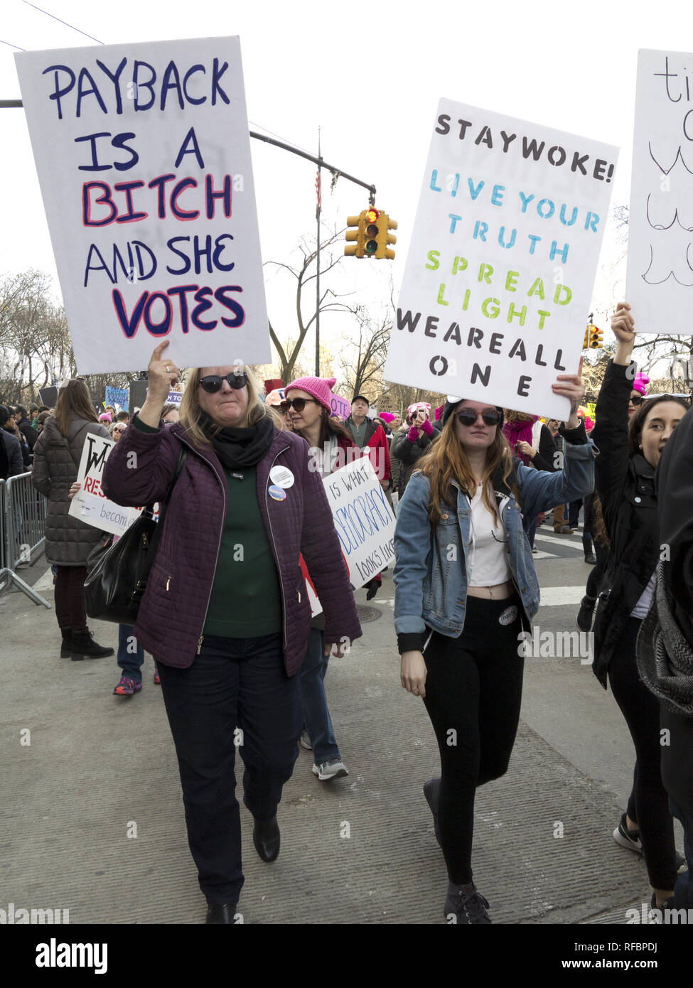 Hundreds of thousands of New Yorkers attended the Women's March in New York City on the one year anniversary of Donald Trump's innauguration, Jan.20,  Stock Photo