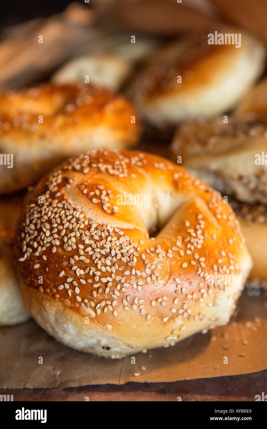 Assortment of authentic New York style bagels with seeds Stock Photo