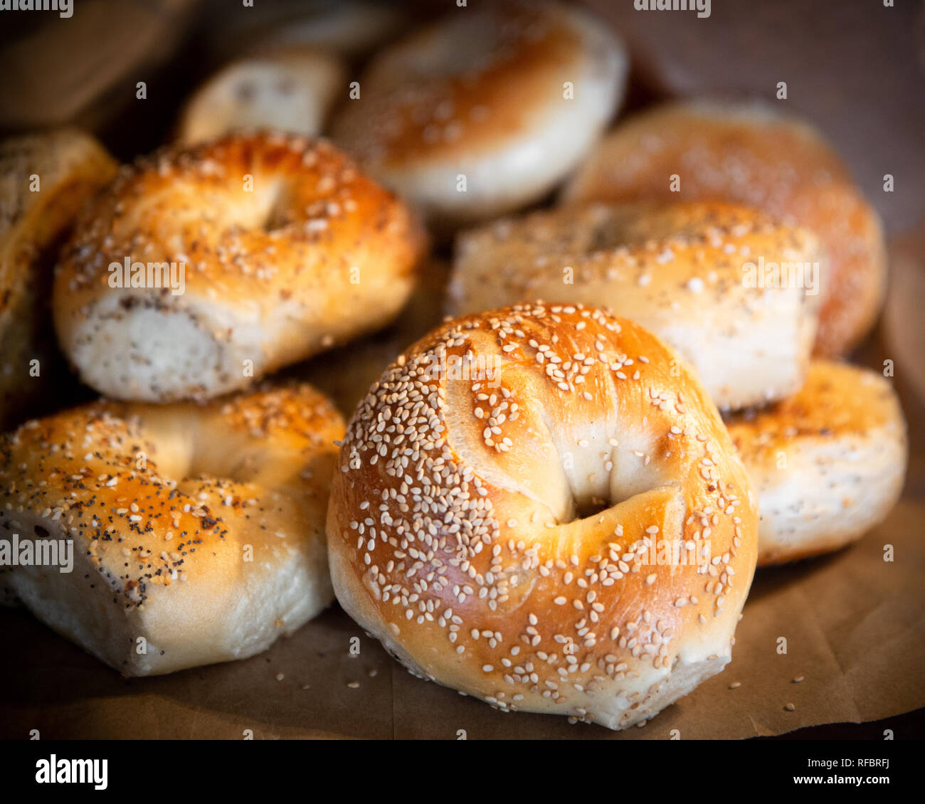 Assortment of authentic New York style bagels with seeds Stock Photo