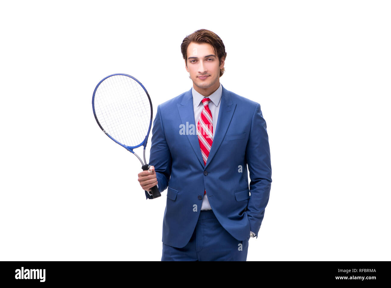 Man With Racket Elegant man with tennis racket isolated on white Stock Photo - Alamy
