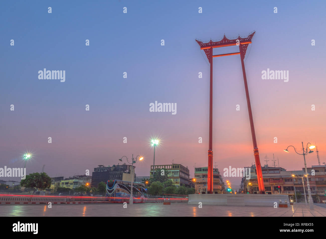 sunrise at Swing pillars in Bangkok. Sao Chingcha or Swing pillars are the architecture created for the ceremony of swinging in  the royal ceremony of Stock Photo