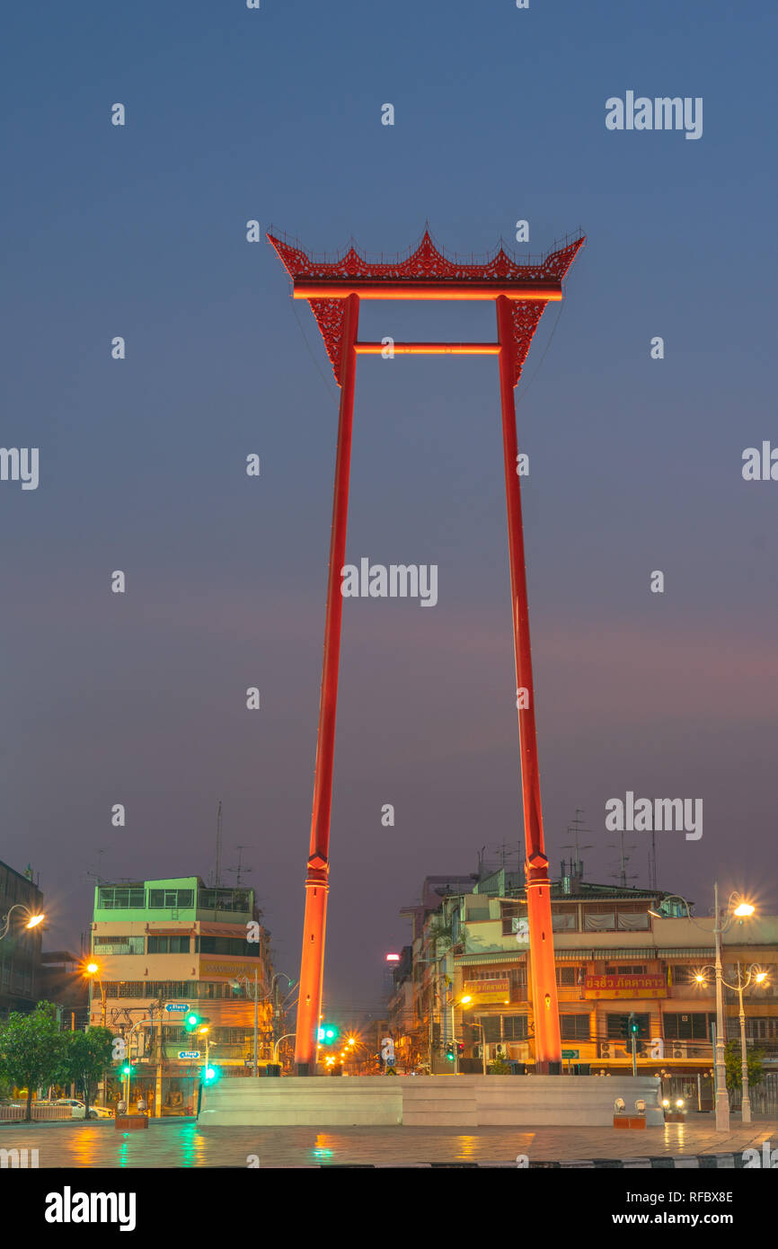 sunrise at Swing pillars in Bangkok. Sao Chingcha or Swing pillars are the architecture created for the ceremony of swinging in  the royal ceremony of Stock Photo