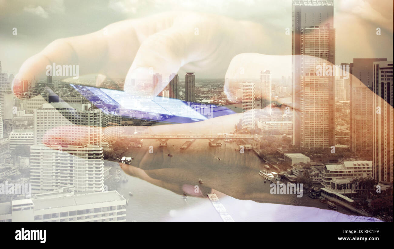 Double exposure of using smart phone Stock Photo