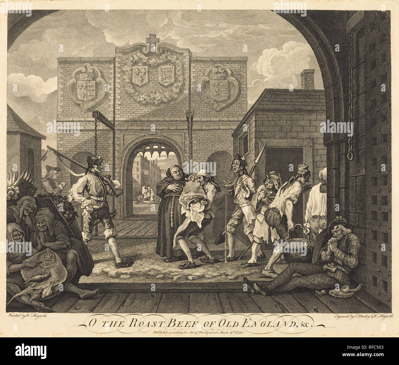 The Gate of Calais, or The Roast Beef of Old England. Dated: 1748/1749. Medium: etching and engraving. Museum: National Gallery of Art, Washington DC. Author: William Hogarth and Charles Mosley. William Hogarth. Stock Photo