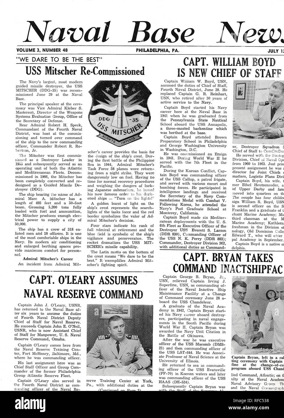 Front cover of Volume 3, number 48, of the 'Naval Base News,' a military news leaflet, with articles focusing on the recommissioning of the USS Mitscher, Captain William W Boyd, Captain John J O'Leary, and Captain George R Bryan Jr, printed in Philadelphia, Pennsylvania, during the Vietnam War, July 12, 1968. () Stock Photo