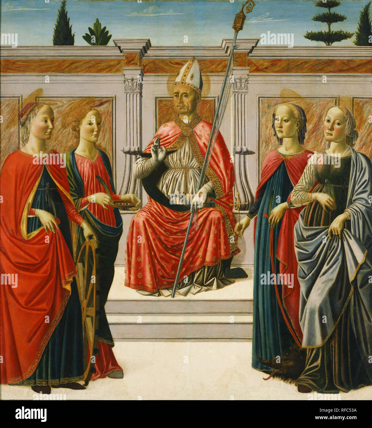 St. Nicolas and Sts. Catherine, Lucy, Margaret and Apollonia. Painting. Tempera on panel Tempera on panel. Height: 1,150 mm (45.27 in); Width: 1,225 mm (48.22 in). Author: Francesco Botticini. BOTTICINI, FRANCESCO. Stock Photo