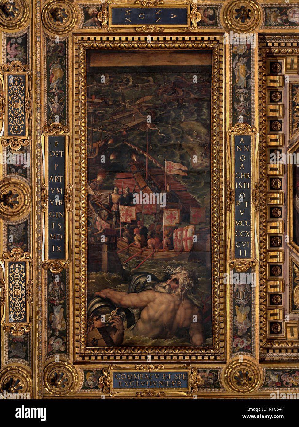 Sea battle between Florentines and Pisans. Date/Period: 1563 - 1565. Oil painting on wood. Height: 540 mm (21.25 in); Width: 250 mm (9.84 in). Author: Giorgio Vasari. VASARI, GIORGIO. Stock Photo