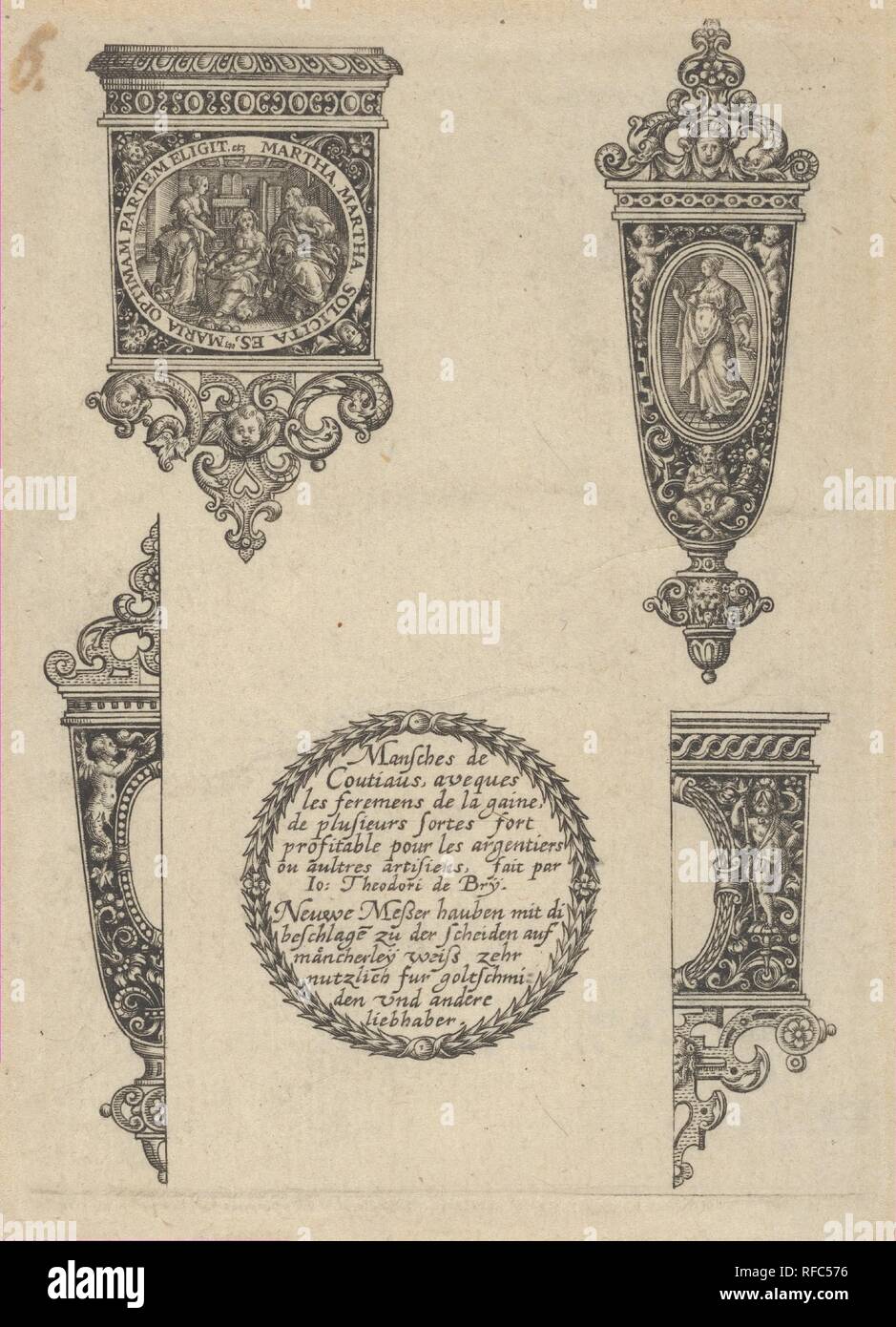 Design for Four Knife Handles with Title. Artist: Johann Theodor de Bry (Netherlandish, Strasbourg 1561-1623 Bad Schwalbach). Dimensions: Sheet: 6 1/8 × 5 in. (15.5 × 12.7 cm). Date: 1580-1600.  Panel with four different knife handle designs, with the title in a wreath at bottom center. The design at upper left shows Jesus and Mary in the house of Martha in an oval. Museum: Metropolitan Museum of Art, New York, USA. Stock Photo