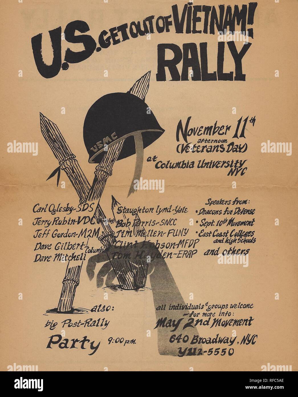 Black and white poster advertising an Anti-War rally, titled 'US Get Out of Vietnam! Rally,' and slated to take place on November 11th (Veterans Day) at Columbia University, with an image of a sharpened bamboo piercing a USMC hat, and the ominous silhouette of a hand rising from the lower register, published in New York City, during the Vietnam War, 1965. () Stock Photo