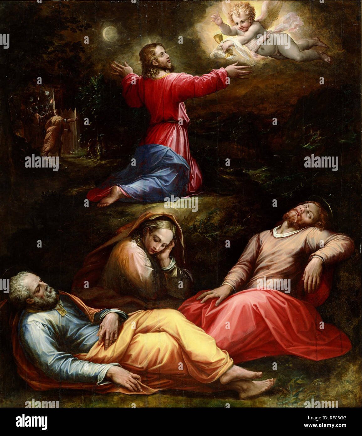 The Garden of Gethsemane. Date/Period: Ca. 1570 (?). Painting. Oil on panel oil on panel. Height: 1,435 mm (56.49 in); Width: 1,270 mm (50 in). Author: Giorgio Vasari. VASARI, GIORGIO. Stock Photo