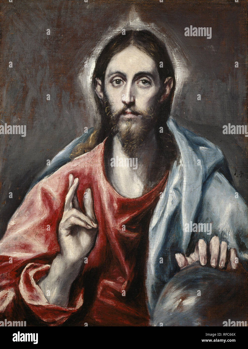 Christ Blessing ('The Saviour of the World'). Date/Period: 1600. Painting. Oil on canvas. Height: 730 mm (28.74 in); Width: 565 mm (22.24 in). Author: GRECO, EL. Stock Photo