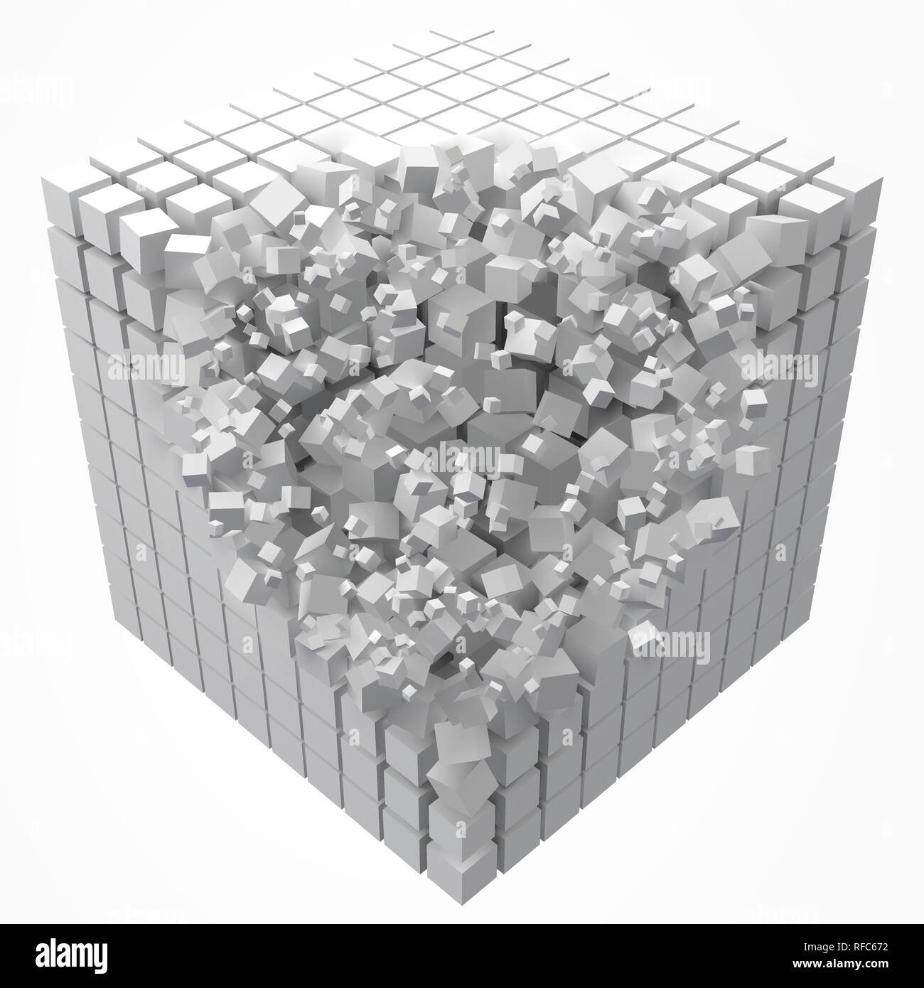 dissolving data block. made with smaller white cubes. 3d pixel style vector illustration. Stock Vector