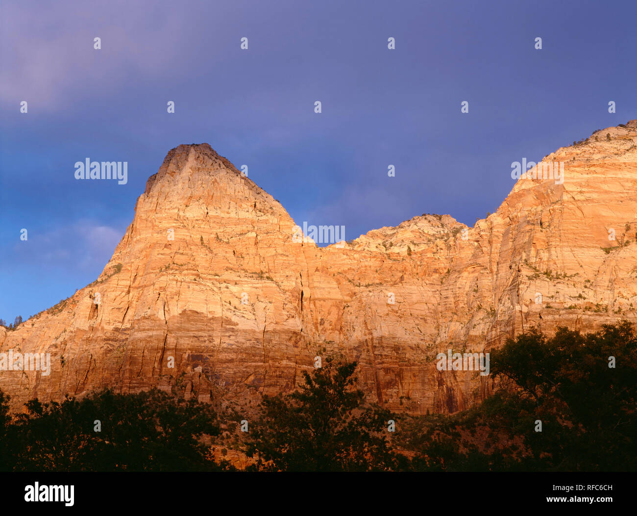 USA, Utah, Zion National Park, Clearing storm and evening light on Bridge Mountain; near south entrance. Stock Photo