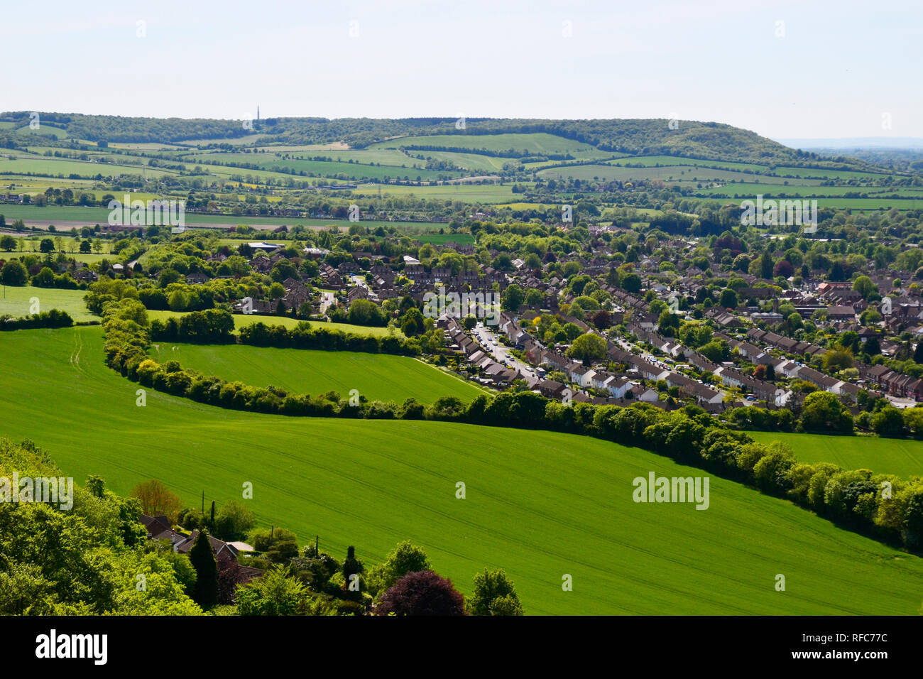 View of Princes Risborough from the top of Whiteleaf Hill, Whiteleaf Cross, Buckinghamshire, UK. Stock Photo