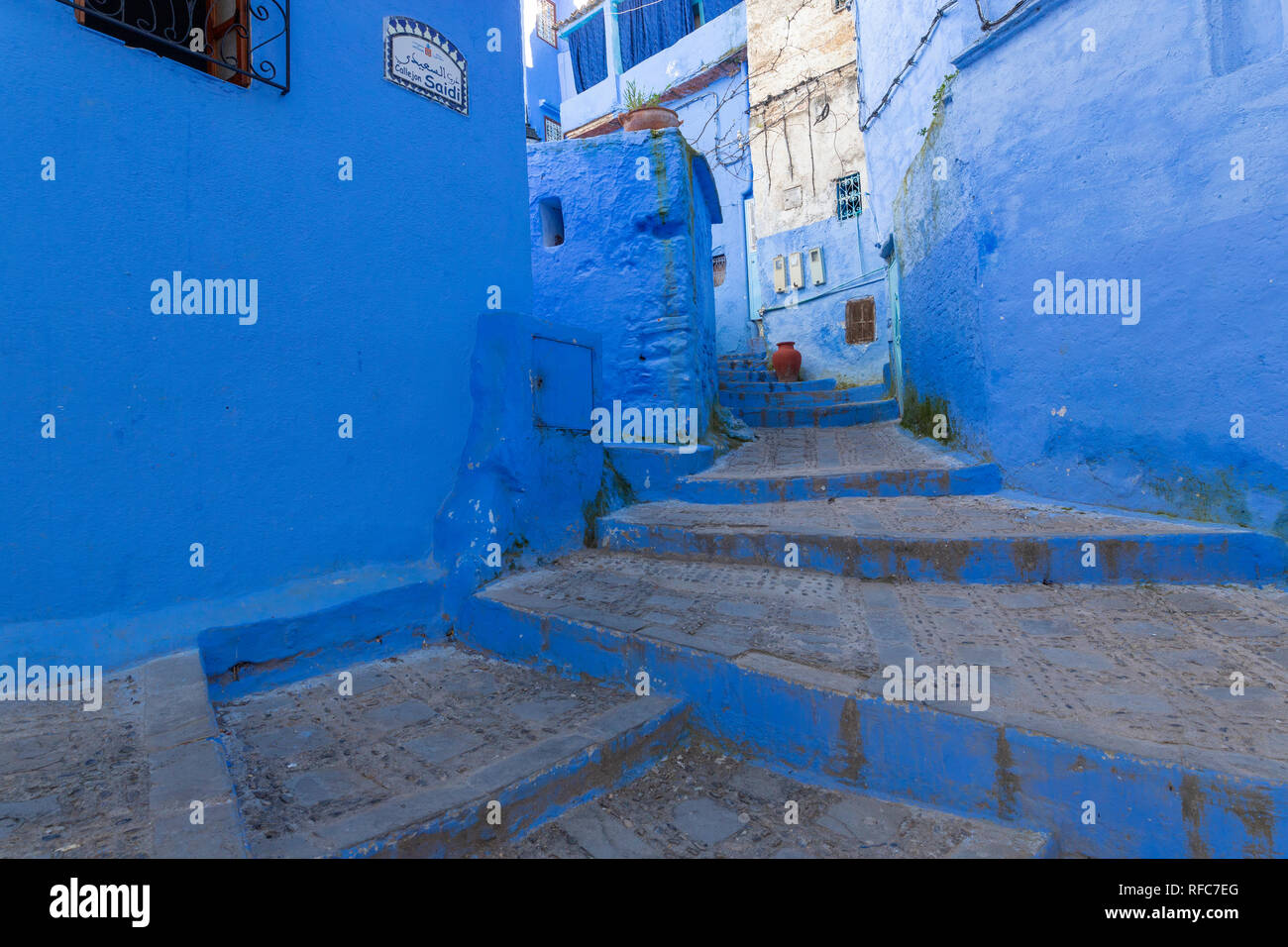 Street scene in the blue medina of Chefchaouen, Morocco. Africa Stock