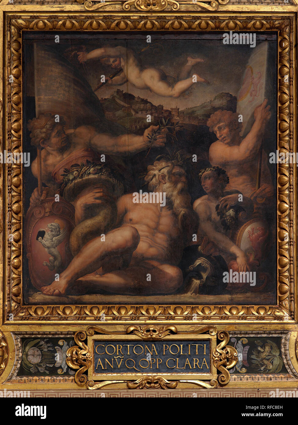 Allegory of Cortona and Montepulciano. Date/Period: 1563 - 1565. Oil painting on wood. Height: 250 mm (9.84 in); Width: 250 mm (9.84 in). Author: Giorgio Vasari. VASARI, GIORGIO. Stock Photo