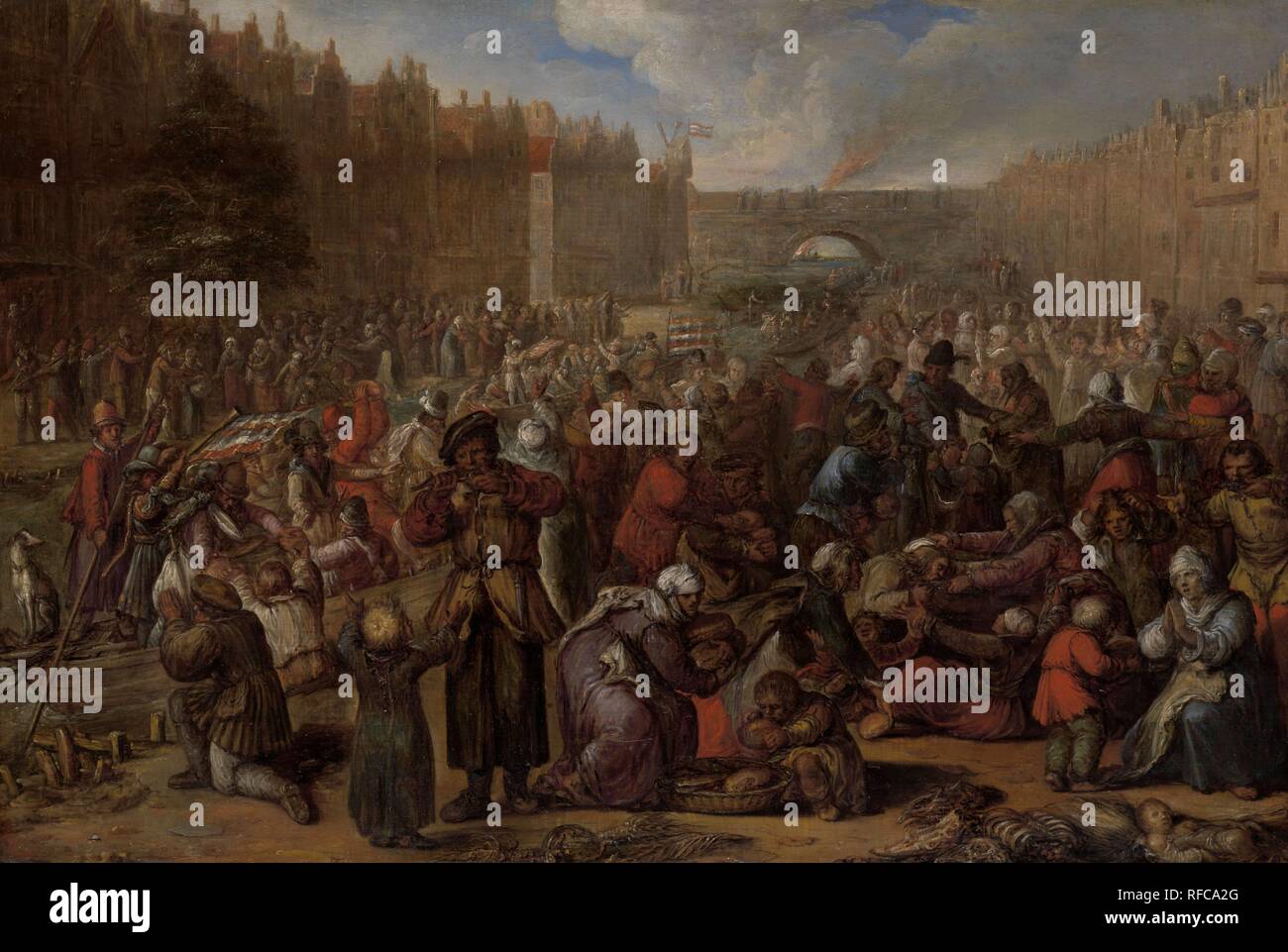 The Famished People after the Relief of the Siege of Leiden. Distribution of Herring and White Bread at the Relief of Leiden, 3 October 1574. Dating: 1574 - 1629. Measurements: h 40 cm × w 59.5 cm; d 8.5 cm. Museum: Rijksmuseum, Amsterdam. Author: OTTO VAN VEEN. Stock Photo
