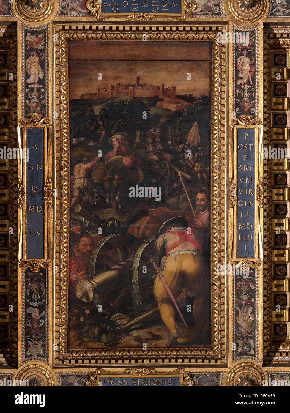 Storming of Monteriggioni. Date/Period: 1563 - 1565. Oil painting on wood. Height: 540 mm (21.25 in); Width: 250 mm (9.84 in). Author: Giorgio Vasari. VASARI, GIORGIO. Stock Photo