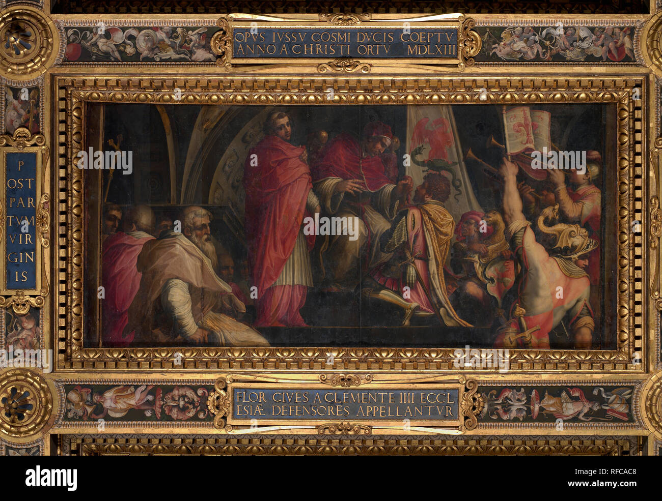 Clemente IV hands his insigna to the captains of the Guelph Part. Date/Period: 1563 - 1565. Oil painting on wood. Height: 250 mm (9.84 in); Width: 540 mm (21.25 in). Author: Giorgio Vasari. VASARI, GIORGIO. Stock Photo