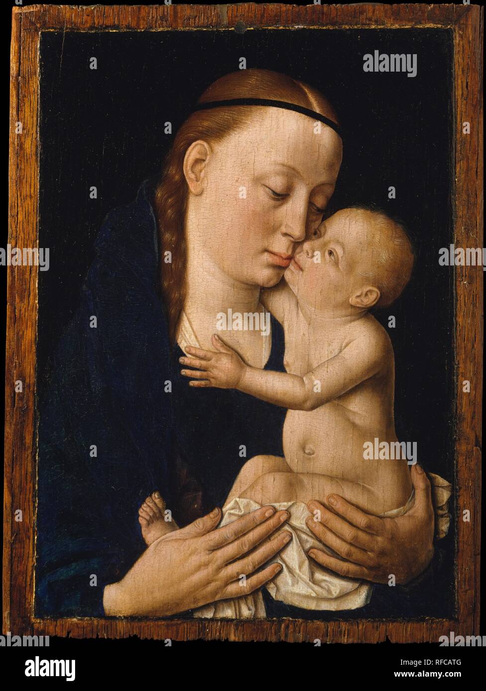 Virgin and Child. Artist: Dieric Bouts (Netherlandish, Haarlem, active by 1457-died 1475). Dimensions: 8 1/2 x 6 1/2 in. (21.6 x 16.5 cm). Date: ca. 1455-60.    Dieric Bouts has based this small, exquisite image on the ancient Byzantine formula for the affectionate Virgin (<i>glykophilousa</i>)--a type popular in the Netherlands. However, he has dispensed with the gold background and halo of Byzantine practice and has endowed the painting with a human tenderness and simplicity not found in icons. With his subtle and tactile modeling of the flesh, the artist heightened the illusion of living, b Stock Photo