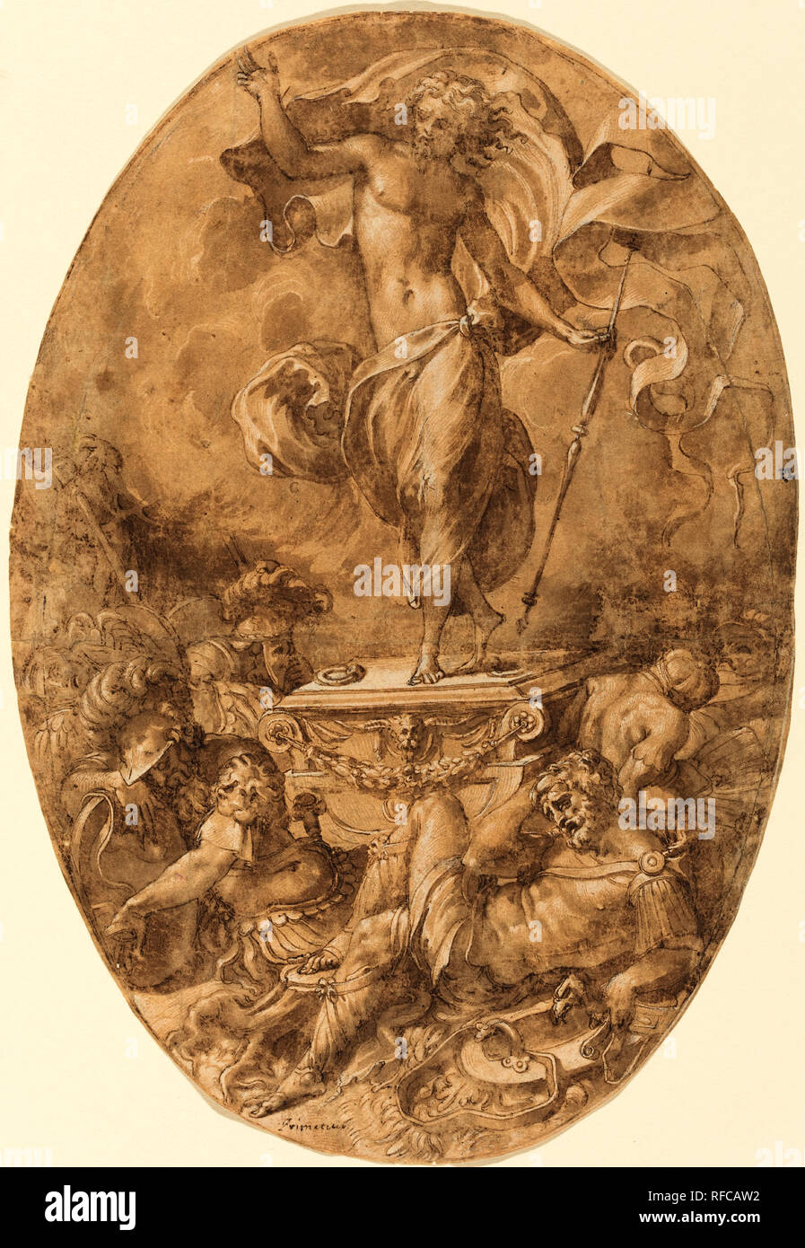 The Resurrection. Dated: 1545/1548. Dimensions: overall (oval): 28 x 19.1 cm (11 x 7 1/2 in.). Medium: 'pen and brown ink with brown wash heightened with white on laid paper (faint black chalk sketch on verso?). Museum: National Gallery of Art, Washington DC. Author: Francesco Salviati. Stock Photo