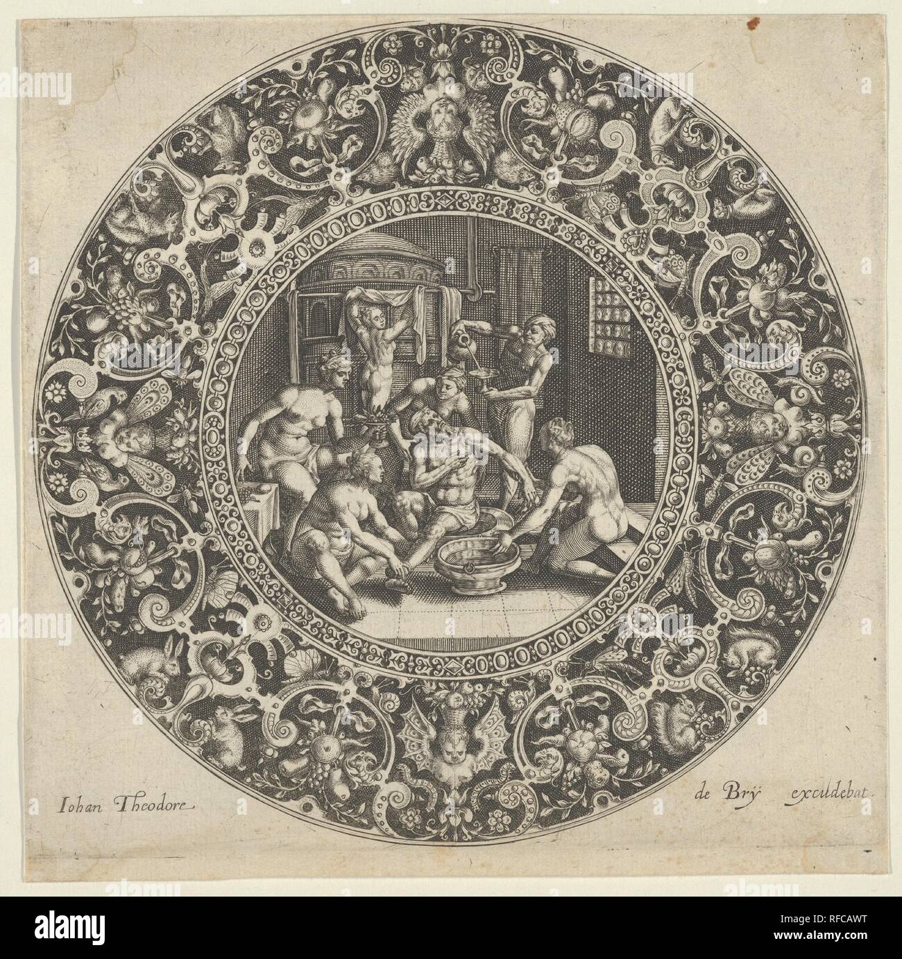 Sardanapal in the Bath. Artist: after Maerten de Vos (Netherlandish, Antwerp 1532-1603 Antwerp); Johann Theodor de Bry (Netherlandish, Strasbourg 1561-1623 Bad Schwalbach); After Crispijn de Passe the Elder (Netherlandish, Arnemuiden 1564-1637 Utrecht). Dimensions: Sheet: 2 1/2 × 2 9/16 in. (6.4 × 6.5 cm). Date: 1576-1623.  A scene with the bearded figure of Sardanapal, the Assyrian king, in a bath at center, surrounded by six attending slaves. The scene is framed by a circular ornamental frieze with pairs of animals and groupings of fruit. Copied from a rectangular print by Crispijn de Passe  Stock Photo