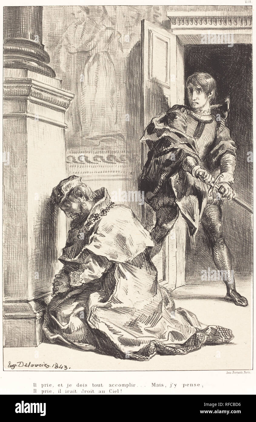 Hamlet is Tempted to Kill the King (Act III, Scene III). Dated: 1834/1843. Medium: lithograph. Museum: National Gallery of Art, Washington DC. Author: EUGENE DELACROIX. SHAKESPEARE, WILLIAM. DELACROIX, EUGENE. Stock Photo