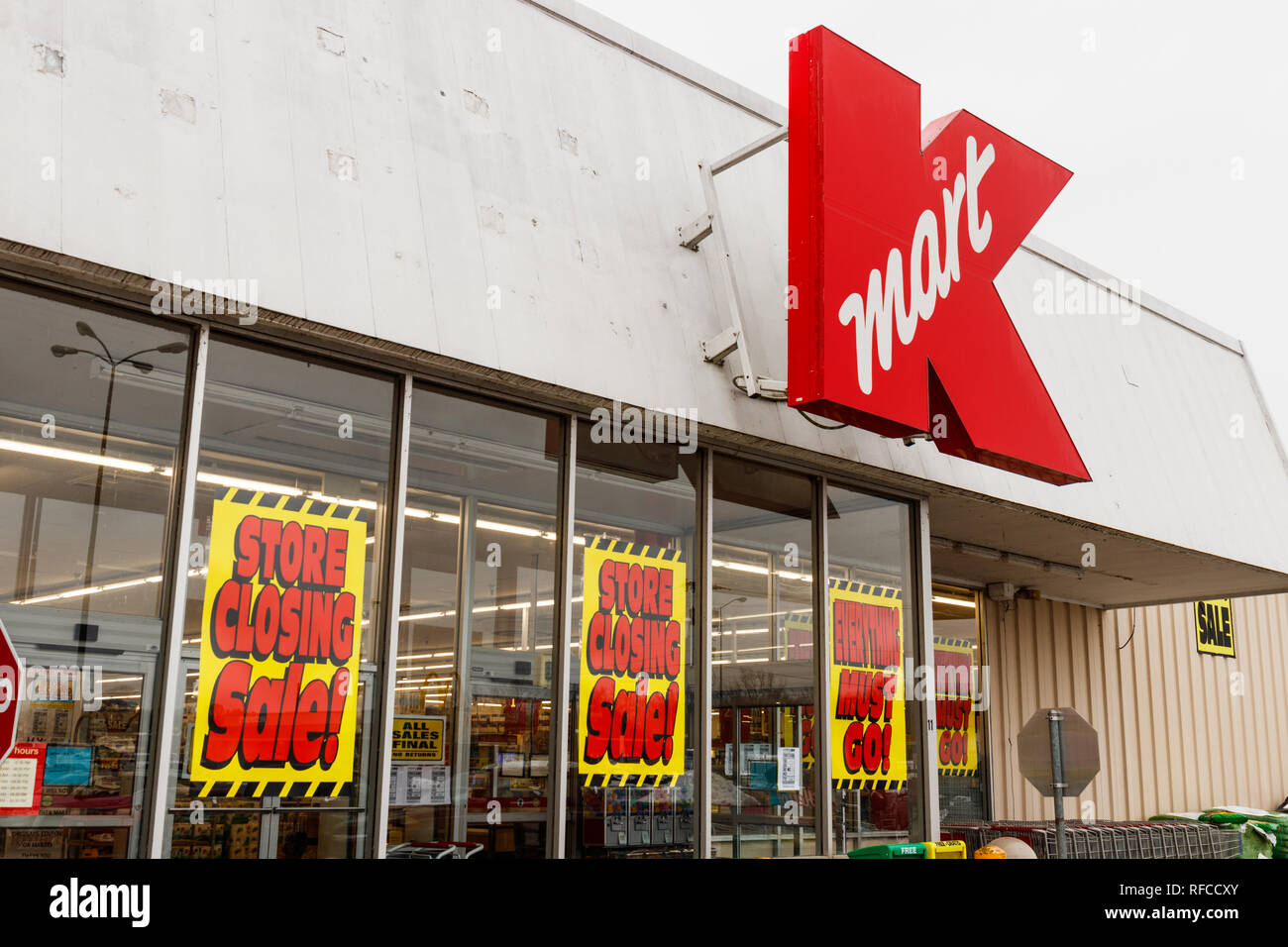 Peru - Circa January 2019: Store Closing signs at a Kmart Retail Location. Sears Holdings filed for bankruptcy II Stock Photo