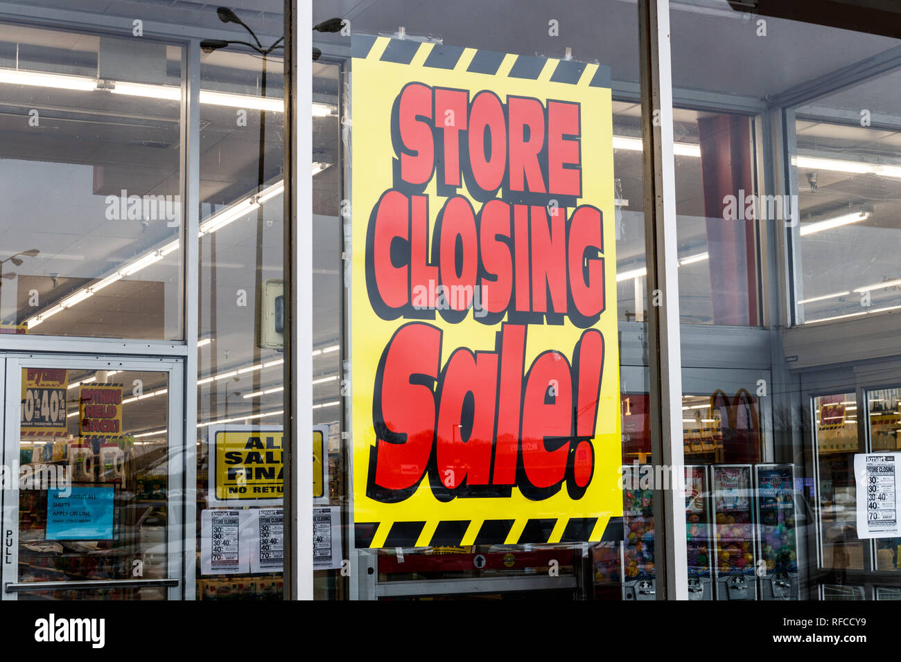 Peru - Circa January 2019: Store Closing signs at a Kmart Retail Location. Sears Holdings filed for bankruptcy IV Stock Photo