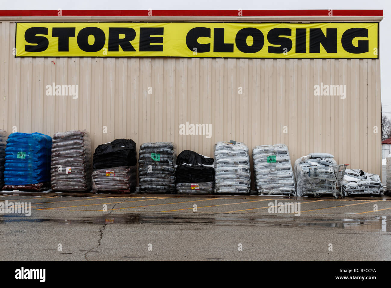 Peru - Circa January 2019: Store Closing signs at a Kmart Retail Location. Sears Holdings filed for bankruptcy V Stock Photo