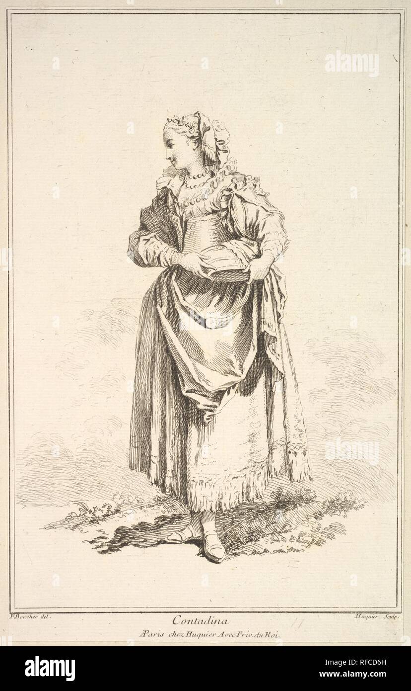 Contadina, from Recueil de diverses fig.res étrangeres Inventées par F. Boucher P.tre du Roy et Gravées par F. Ravenet (Collection of Various Foreign Figures, Devised by F. Boucher, Painter of the King and Engraved [etched] by F. Ravenet), plate 7. Artist: After François Boucher (French, Paris 1703-1770 Paris); Gabriel Huquier (French, Orléans 1695-1772 Paris). Dimensions: Sheet: 10 13/16 x 6 3/4 in. (27.4 x 17.2 cm). Series/Portfolio: Recueil de diverses fig.res étrangeres Inventées par F. Boucher P.tre du Roy et Gravées par F. Ravenet. Date: 18th century. Museum: Metropolitan Museum of Art,  Stock Photo