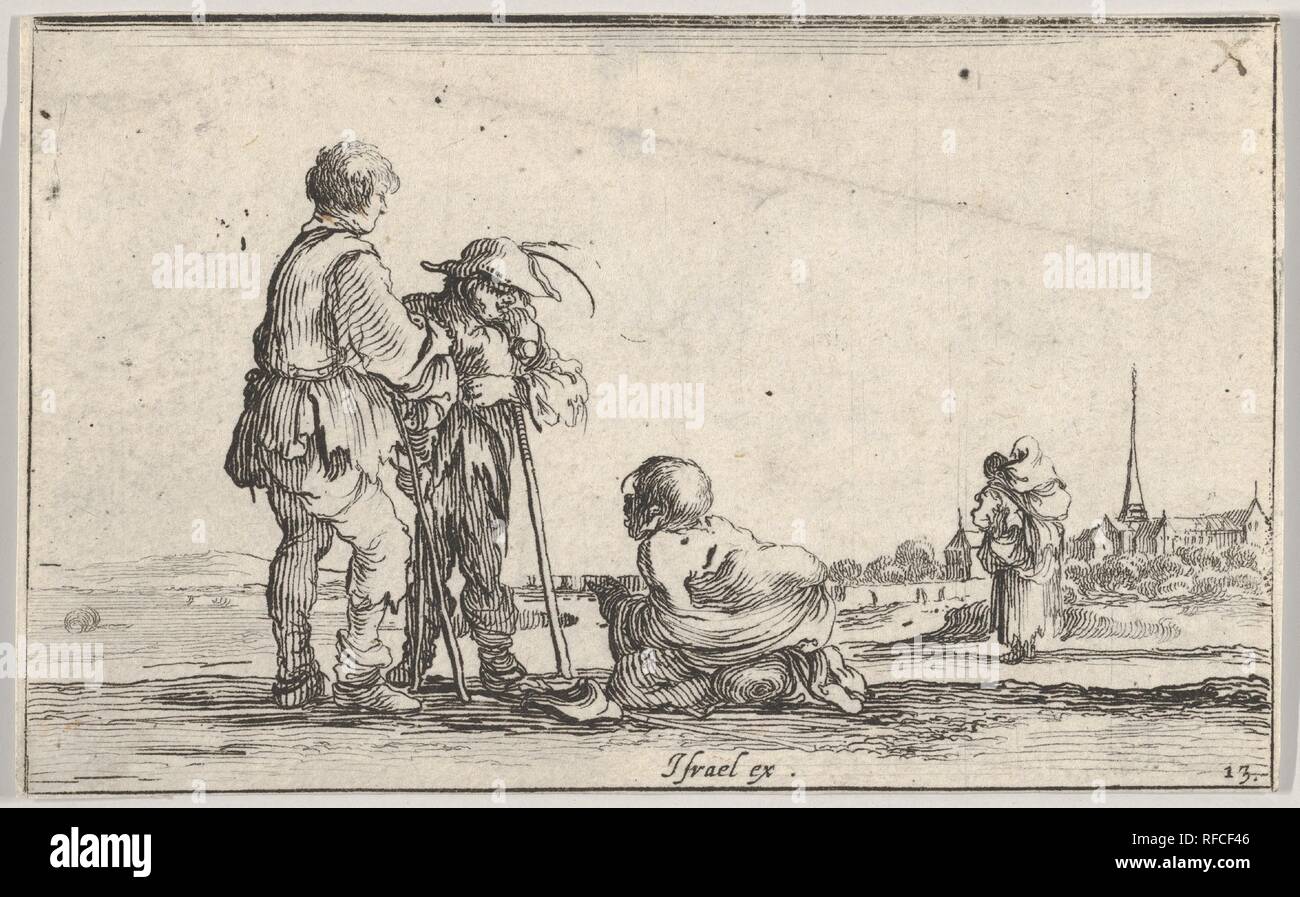Plate 13: two peasants standing to left, a cripple kneeling on the ground in center, a woman carrying a child seen from behind to right in middleground, a church to right in background, from 'Caprice faict par de la Bella'. Artist: Stefano della Bella (Italian, Florence 1610-1664 Florence). Dimensions: Sheet: 2 1/16 x 3 5/16 in. (5.2 x 8.4 cm). Publisher: Israël Henriet (French, Nancy ca. 1590-1661 Paris). Series/Portfolio: 'Caprice faict par de la Bella'. Date: ca. 1642. Museum: Metropolitan Museum of Art, New York, USA. Stock Photo