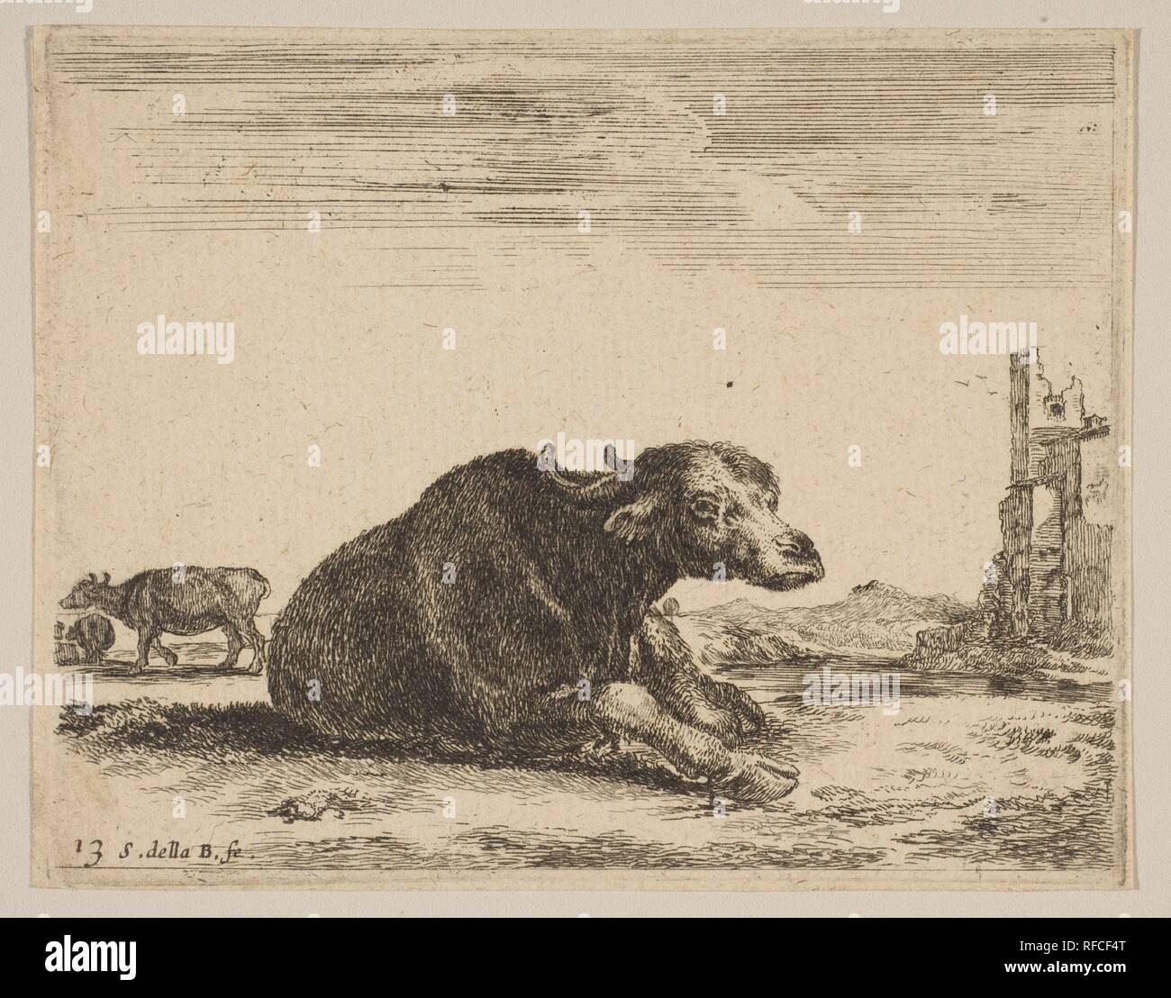 Plate 13: buffalo lying down, from 'Various animals' (Diversi animali). Artist: Stefano della Bella (Italian, Florence 1610-1664 Florence). Dimensions: Sheet (trimmed to plate): 3 3/8 × 4 5/16 in. (8.6 × 10.9 cm). Series/Portfolio: 'Various animals' (Diversi animali). Date: ca. 1641. Museum: Metropolitan Museum of Art, New York, USA. Stock Photo