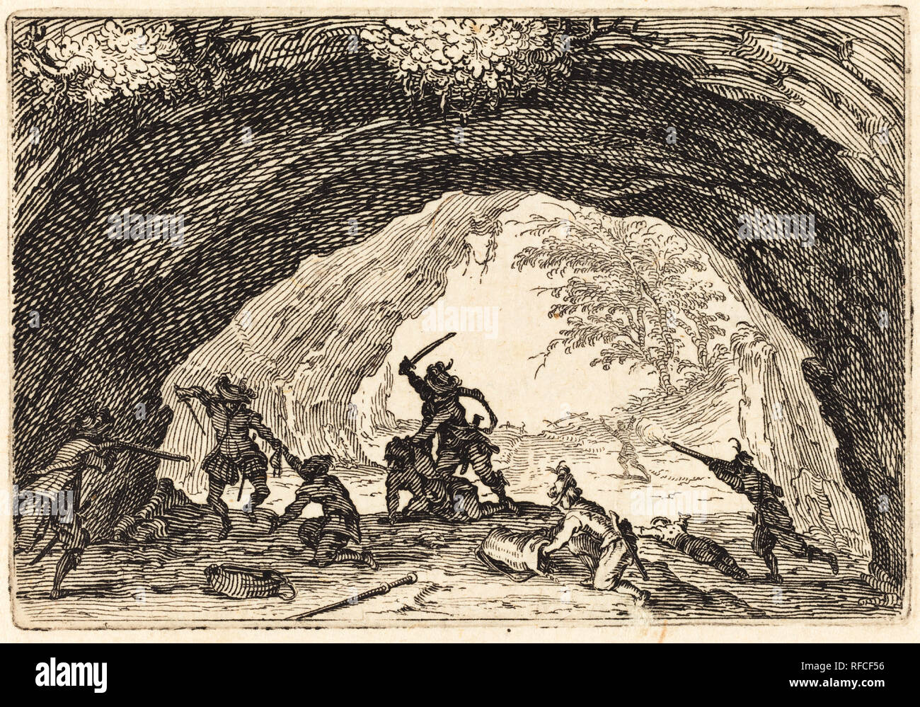 Soldiers Attacking Robbers. Dated: c. 1622. Medium: etching. Museum: National Gallery of Art, Washington DC. Author: JACQUES CALLOT. CALLOT, JACQUES. Stock Photo
