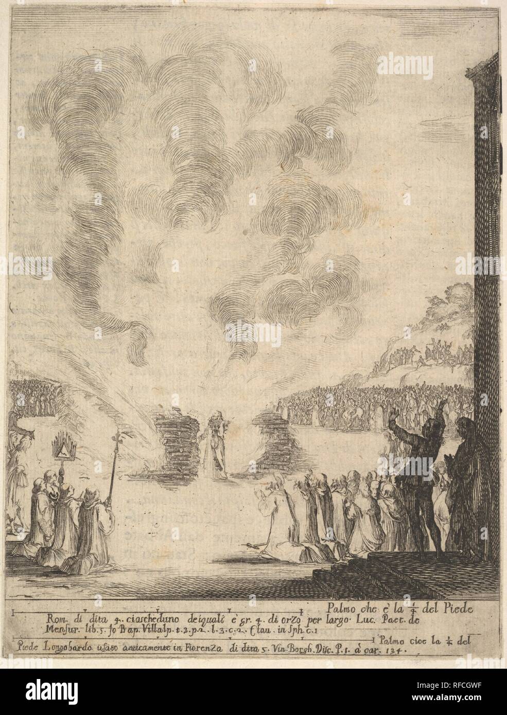 The test of fire, the monk Peter, the disciple Saint John Gualbert, passing through the flames from two pyres unharmed, various spectators to either side, from 'Frontispiece and four scenes from the life of Saint John Gualbert' (Frontispice et quatre vignettes pour une vie de Saint Jean Gualbert). Artist: Stefano della Bella (Italian, Florence 1610-1664 Florence). Dimensions: Sheet: 6 13/16 x 5 3/16 in. (17.3 x 13.2 cm)  Mount: 7 1/2 x 5 13/16 in. (19 x 14.8 cm). Series/Portfolio: 'Frontispiece and four scenes from the life of Saint John Gualbert' (Frontispice et quatre vignettes pour une vie  Stock Photo